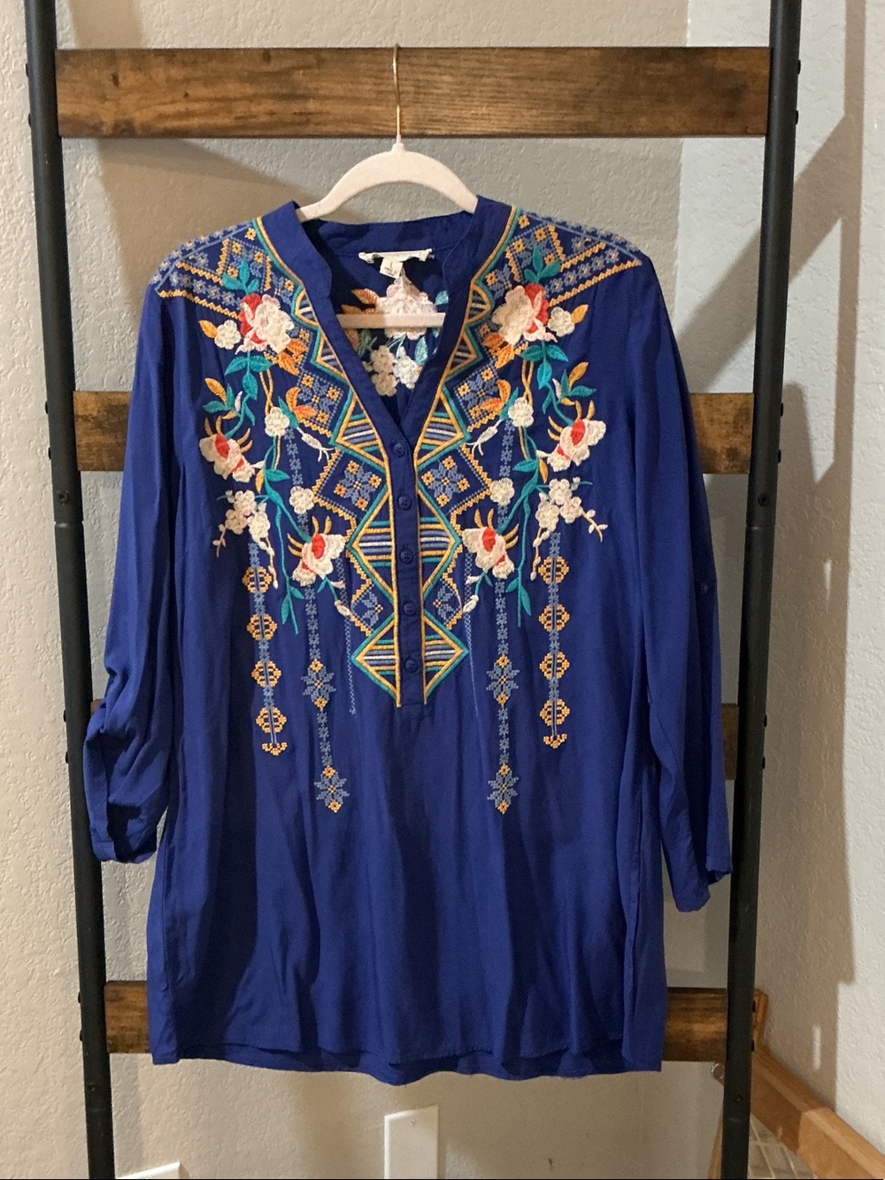 Embroidered Navy Blue Men's Tunic Shirt